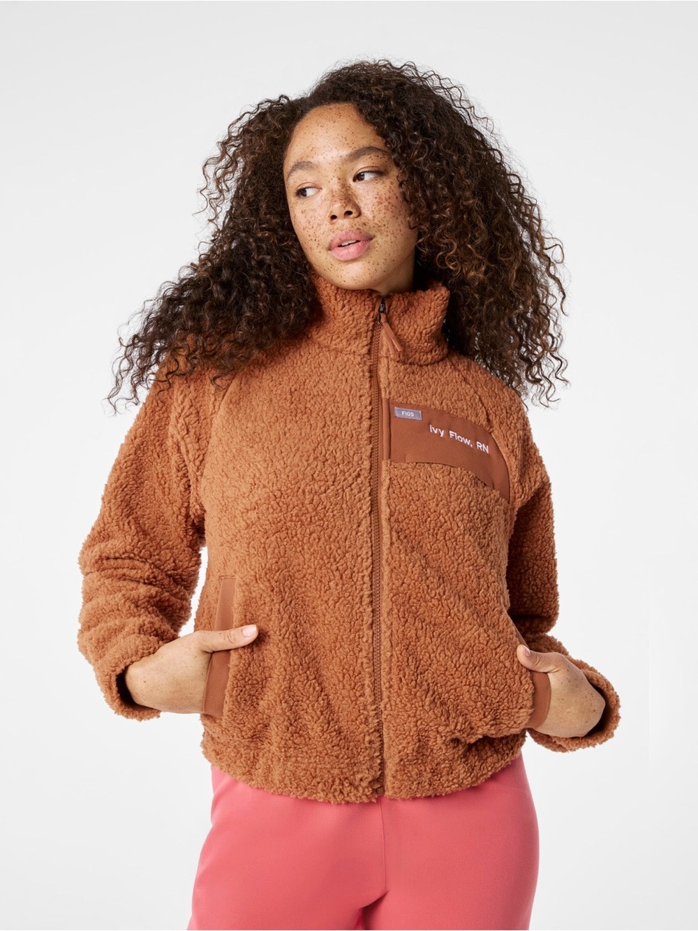 FIGS High Pile Sherpa Fleece Bomber Jacket Full Zip Mocha Brown Tan Medium - Picture 5 of 10